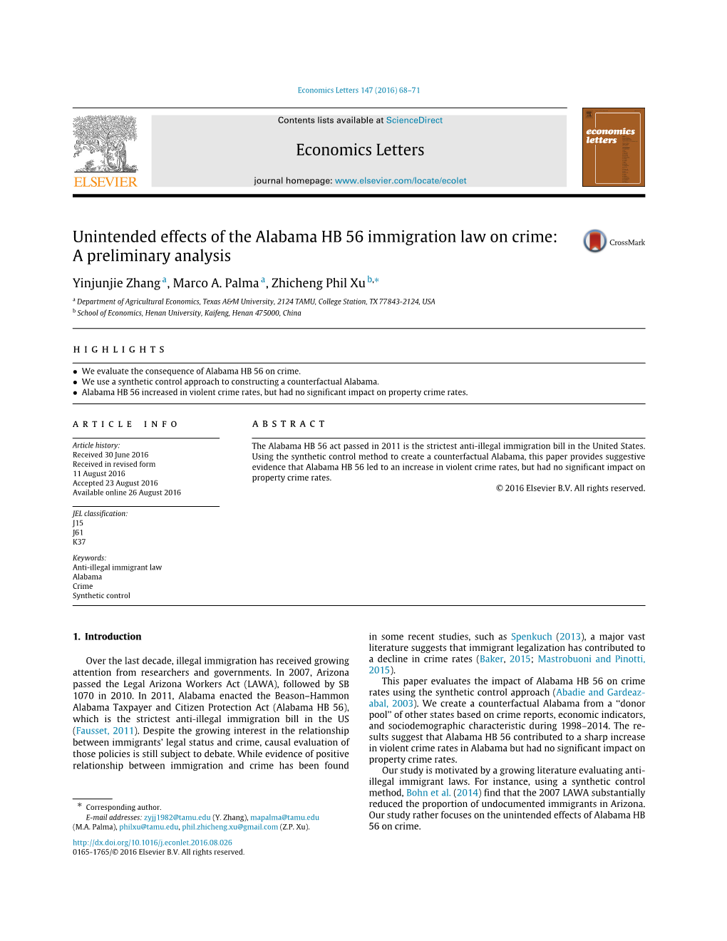 Economics Letters Unintended Effects of the Alabama HB 56 Immigration