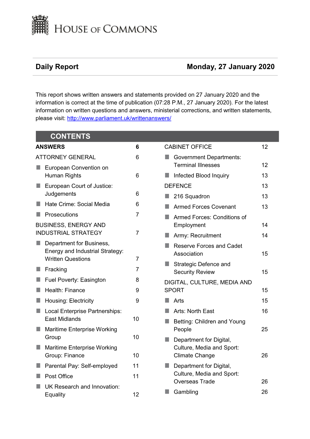 Daily Report Monday, 27 January 2020 CONTENTS