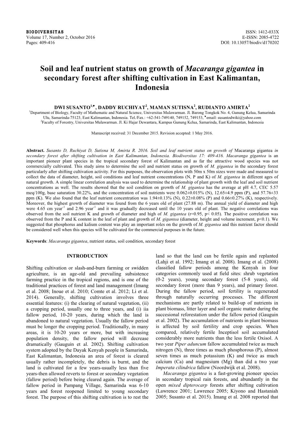 Soil and Leaf Nutrient Status on Growth of Macaranga Gigantea in Secondary Forest After Shifting Cultivation in East Kalimantan, Indonesia