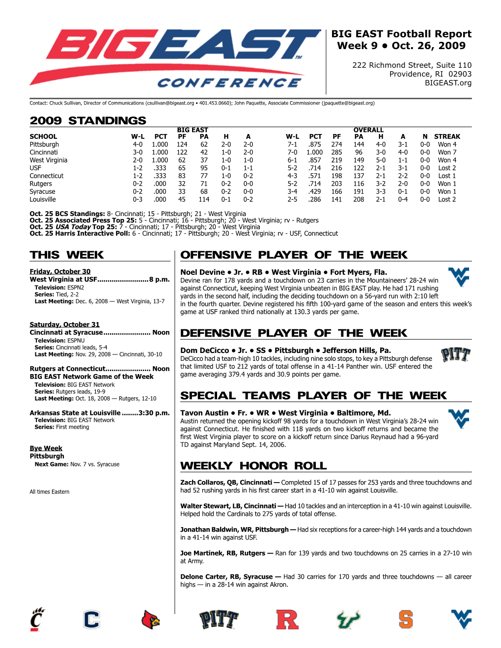 2009 Standings Offensive Player of the WEEK Defensive Player