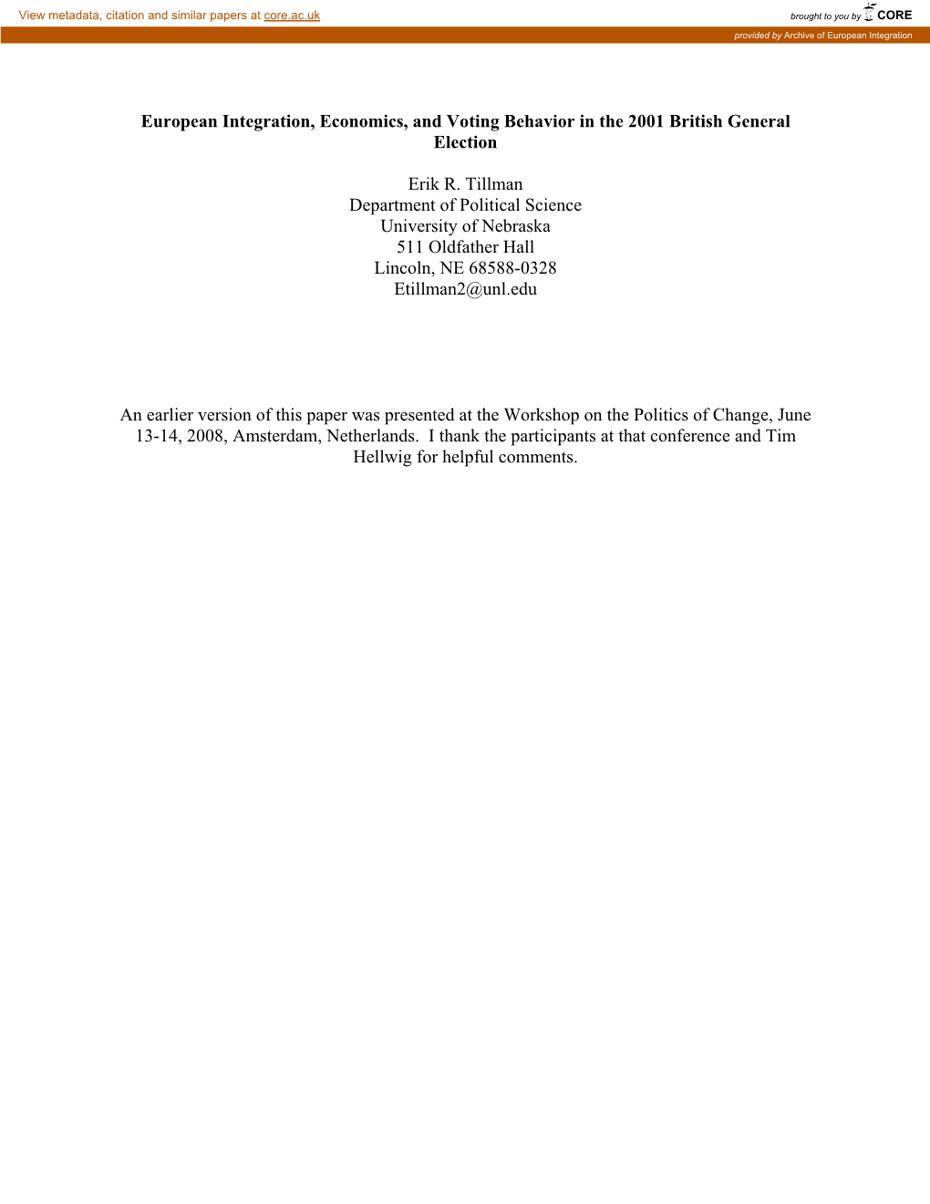 European Integration, Economics, and Voting Behavior in the 2001 British General Election