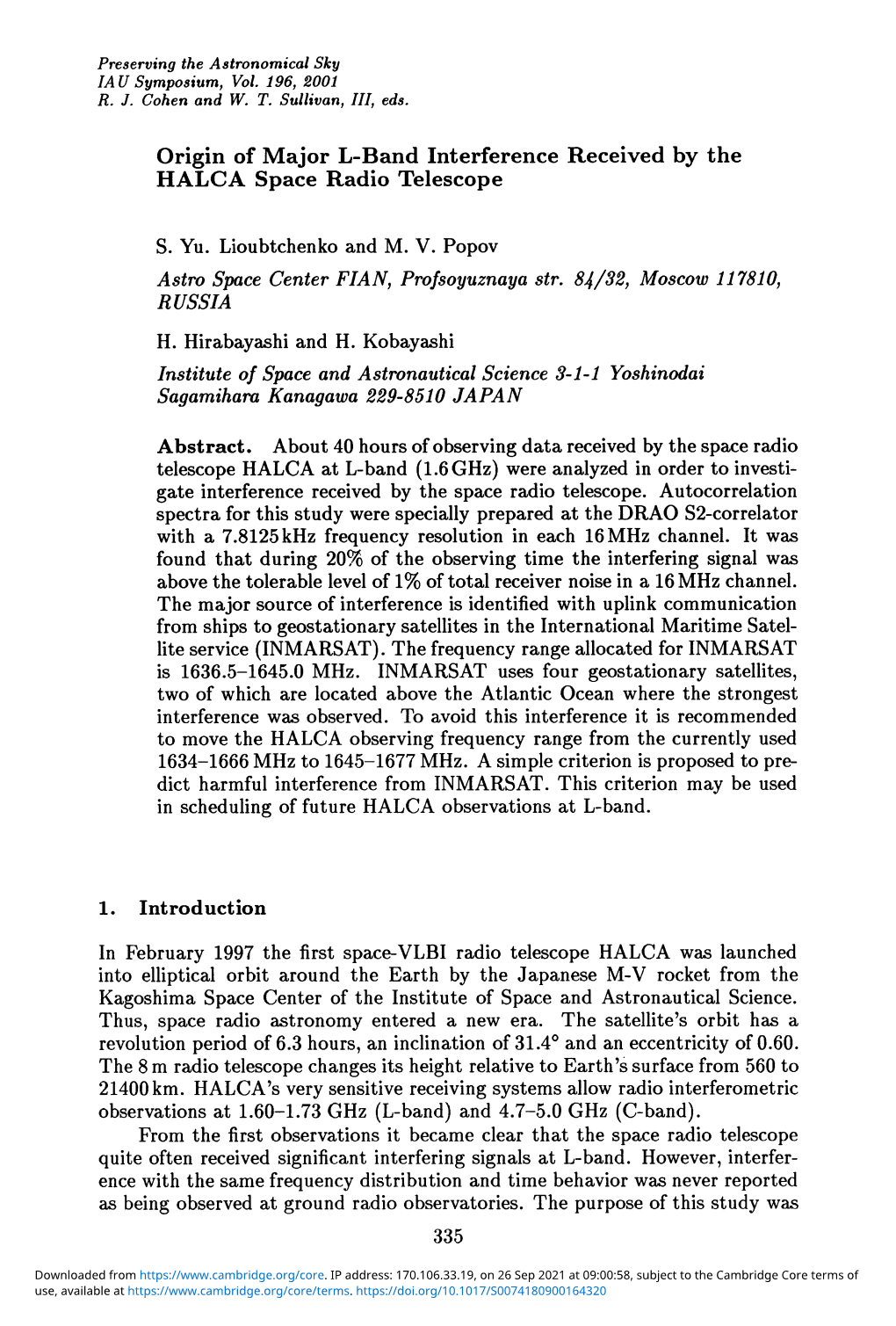 Origin of Major L-Band Interference Received by the HALCA Space Radio Telescope