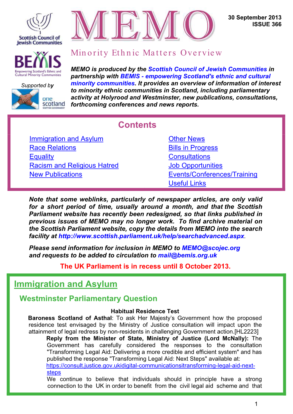 MEMO Is Produced by the Scottish Council of Jewish Communities in Partnership with BEMIS - Empowering Scotland's Ethnic and Cultural