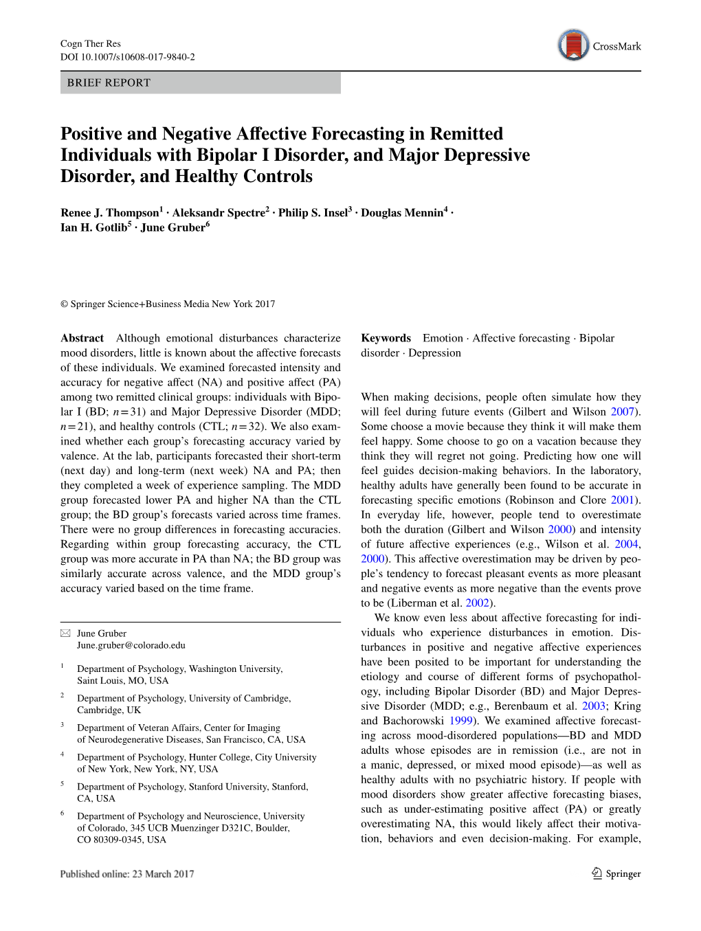 Positive and Negative Affective Forecasting in Remitted Individuals with Bipolar I Disorder, and Major Depressive Disorder, and Healthy Controls