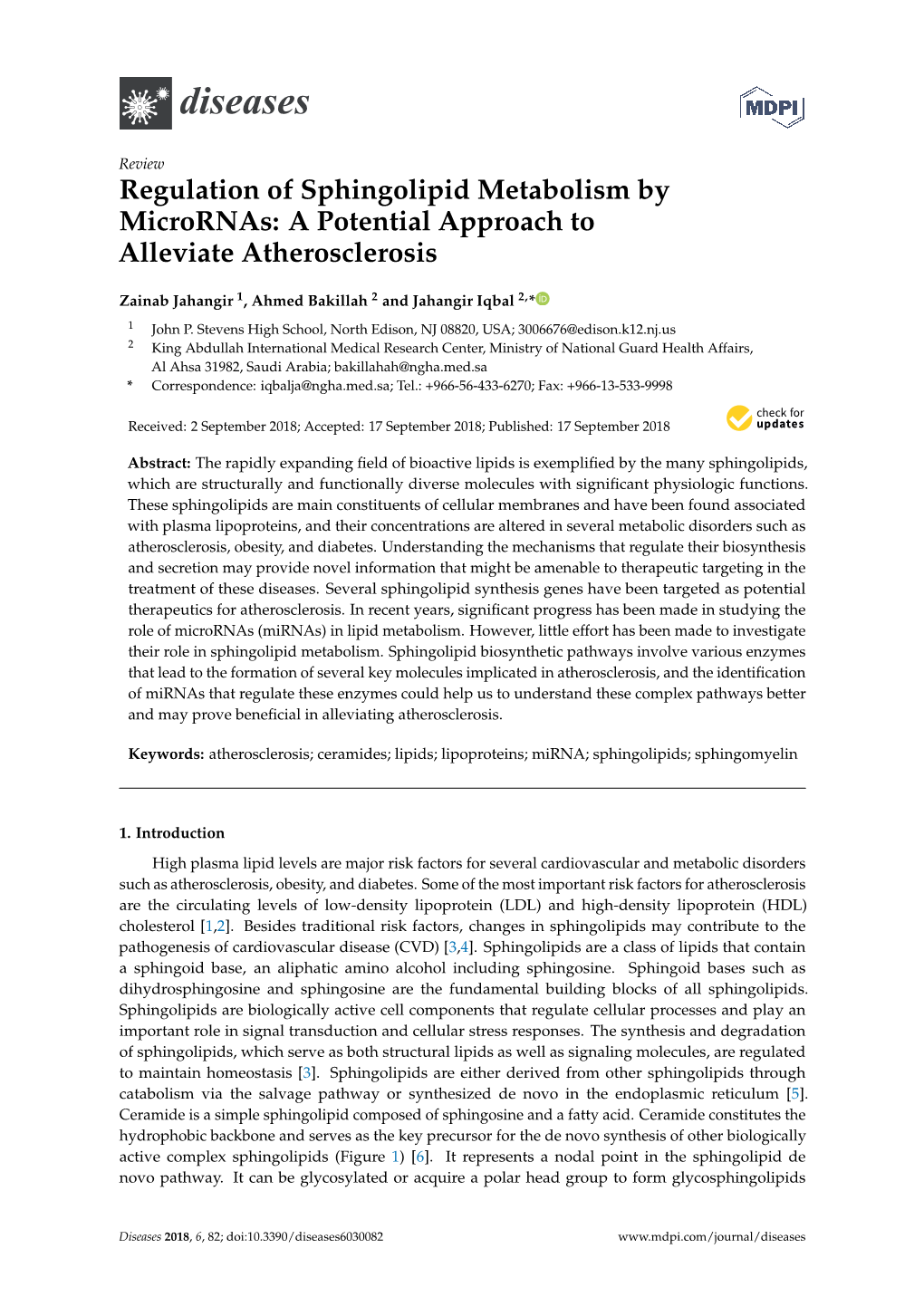 Regulation of Sphingolipid Metabolism by Micrornas: a Potential Approach to Alleviate Atherosclerosis