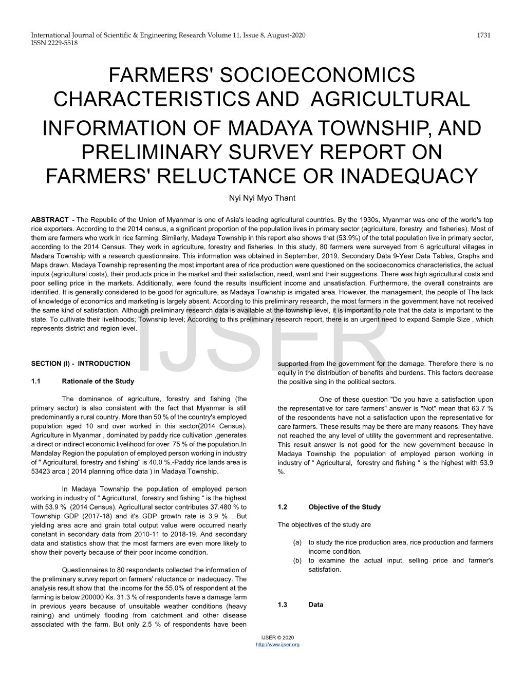 Farmers' Socioeconomics Characteristics and Agricultural Information of Madaya Township, and Preliminary Survey Report On