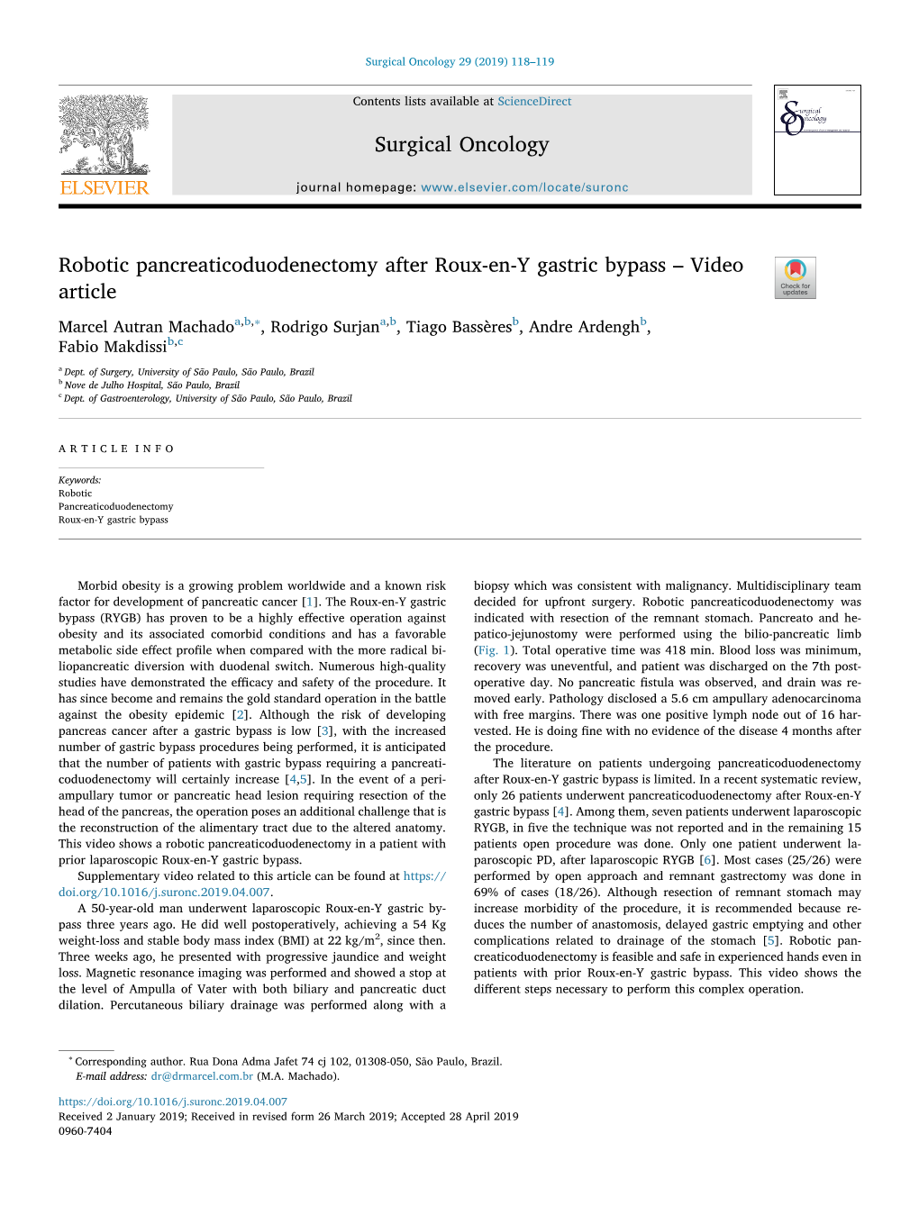 Robotic Pancreaticoduodenectomy After Roux-En-Y Gastric Bypass – Video Article T