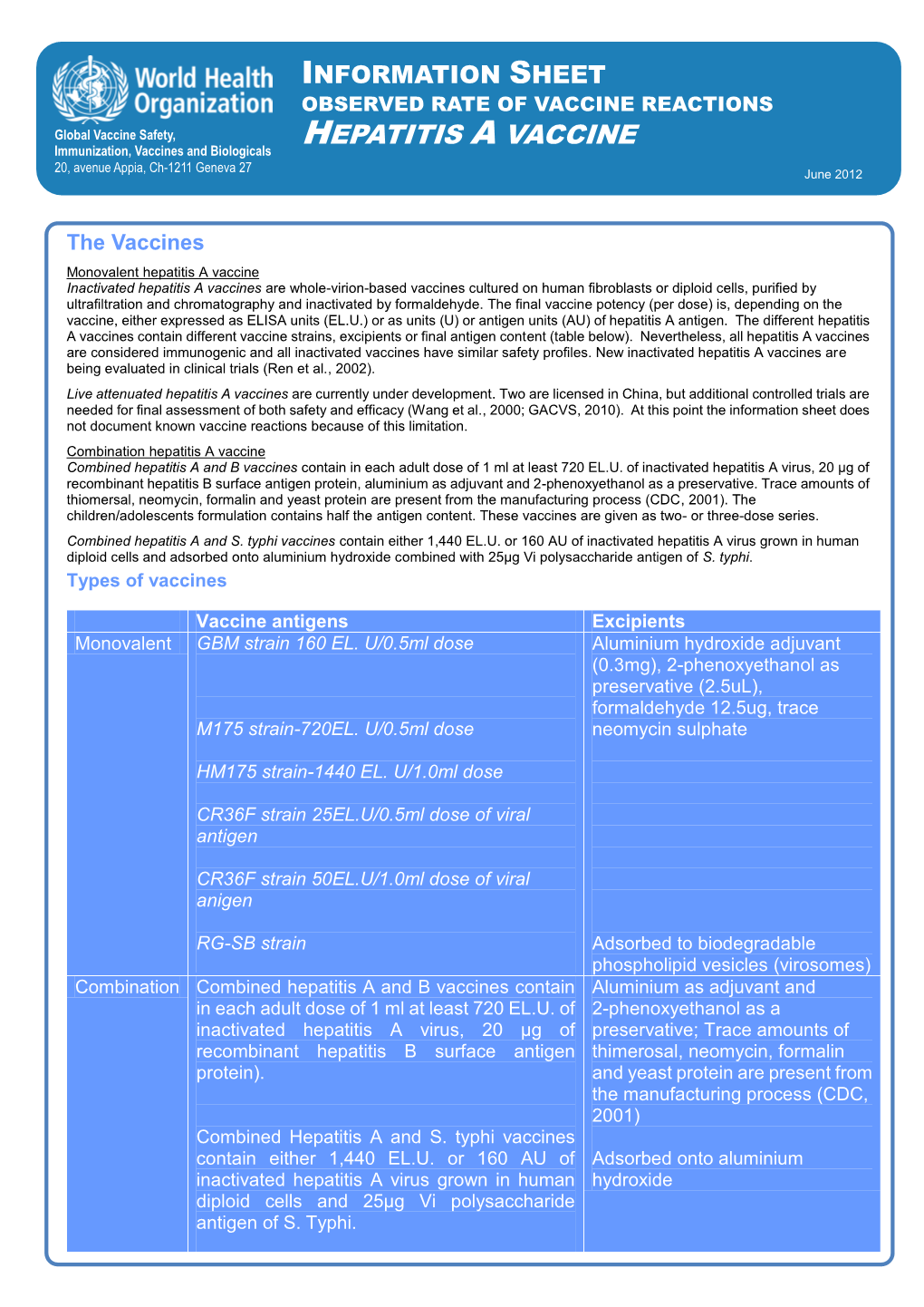 HEPATITIS a VACCINE 20, Avenue Appia, Ch-1211 Geneva 27 June 2012