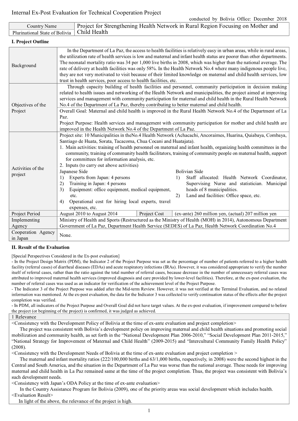 Internal Ex-Post Evaluation for Technical Cooperation Project