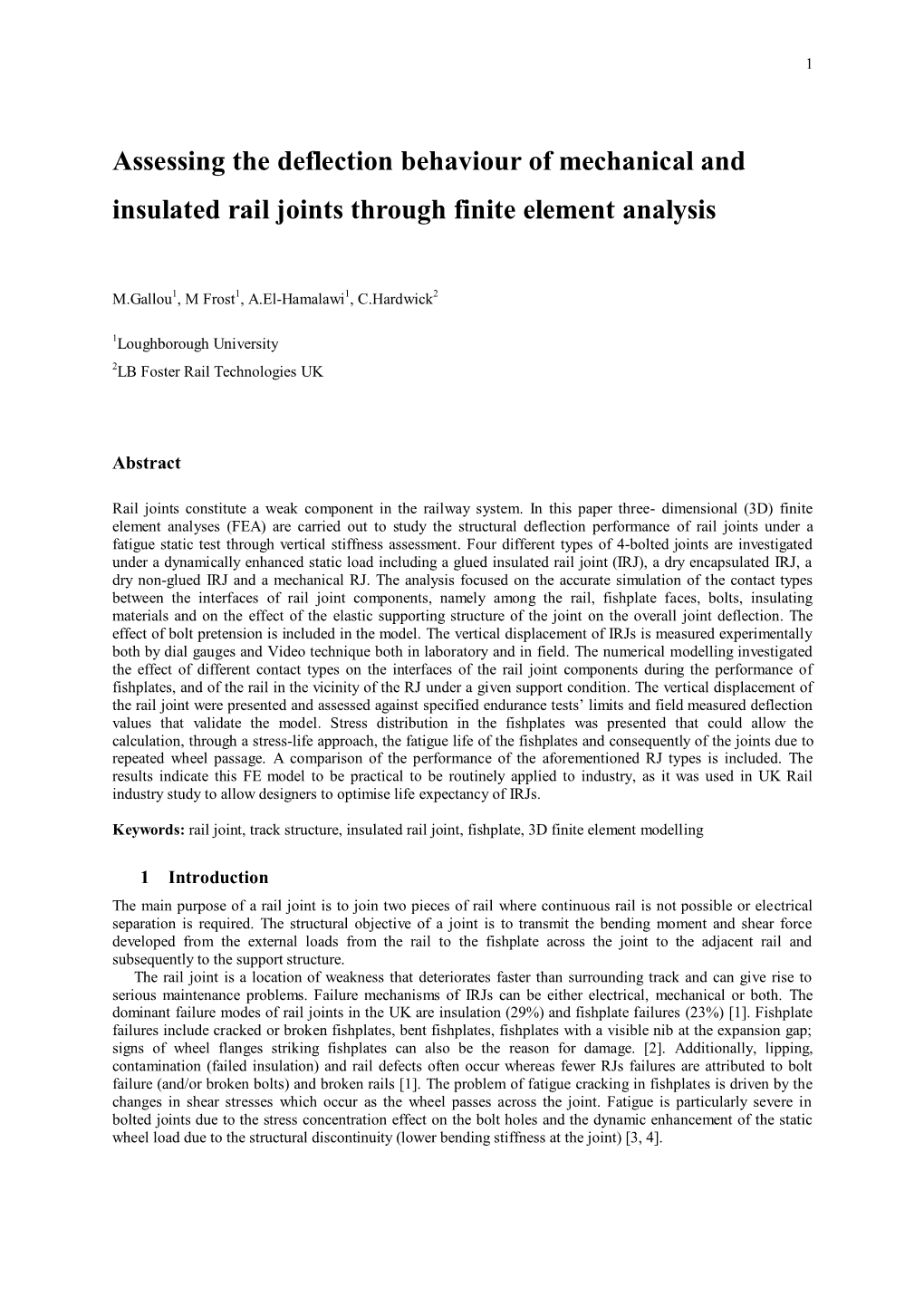 Assessing the Deflection Behaviour of Mechanical and Insulated Rail Joints Through Finite Element Analysis