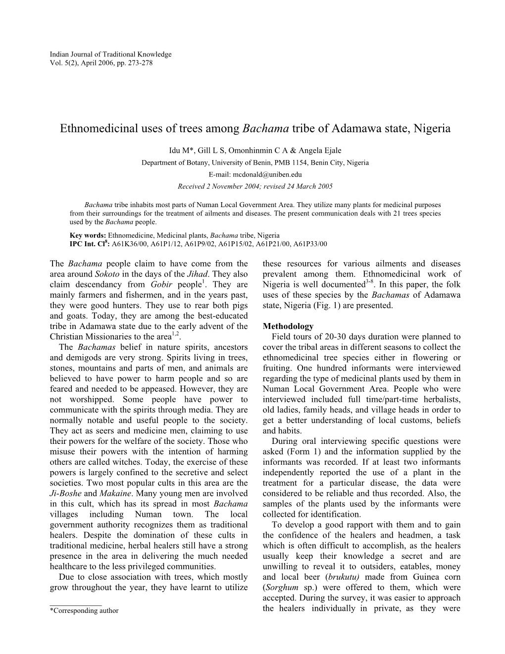 Ethnomedicinal Uses of Trees Among Bachama Tribe of Adamawa State, Nigeria