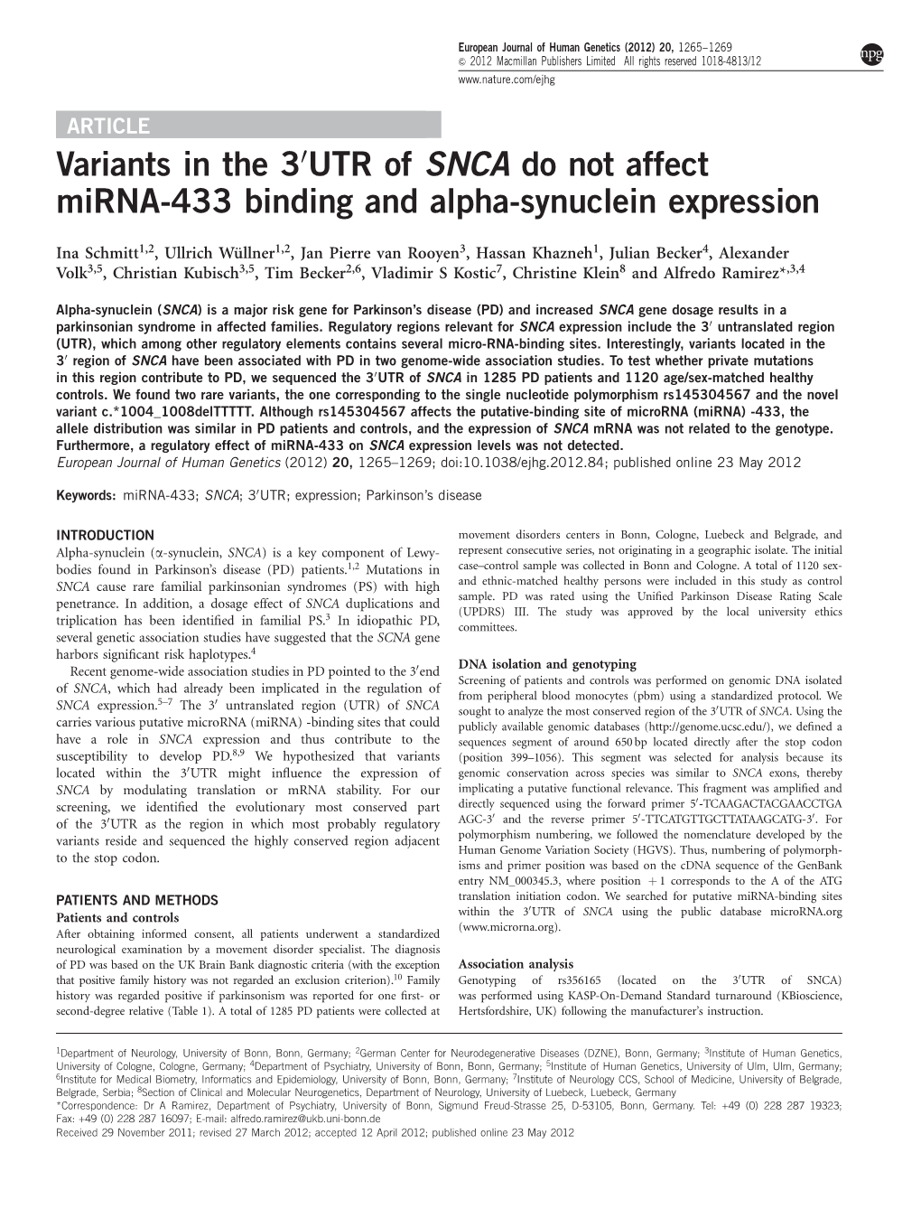 Variants in the 3&Prime;UTR of SNCA Do Not Affect Mirna-433