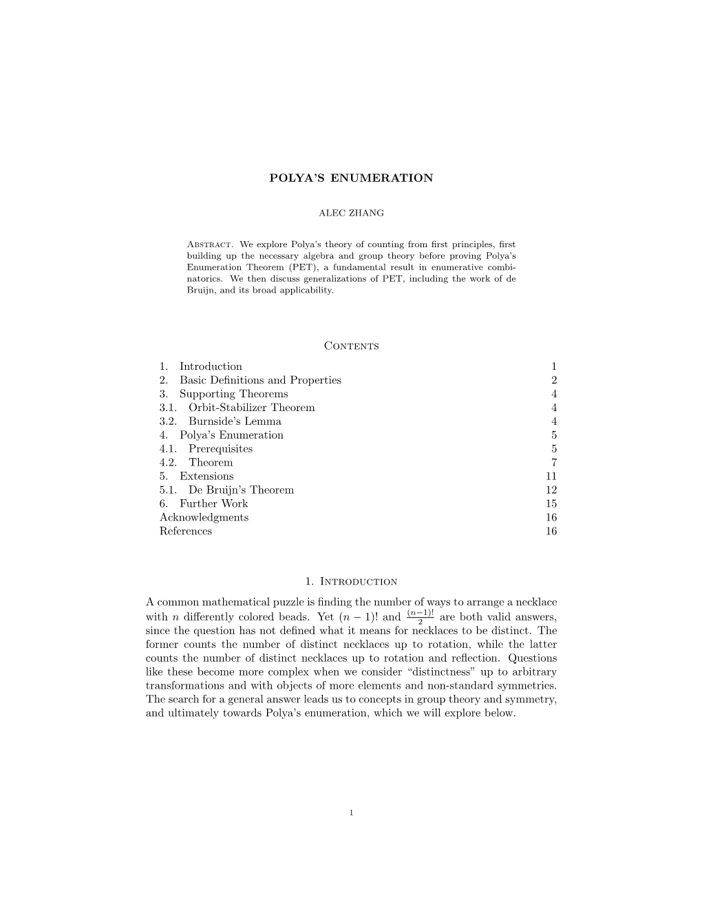 POLYA's ENUMERATION Contents 1. Introduction 1 2. Basic Definitions