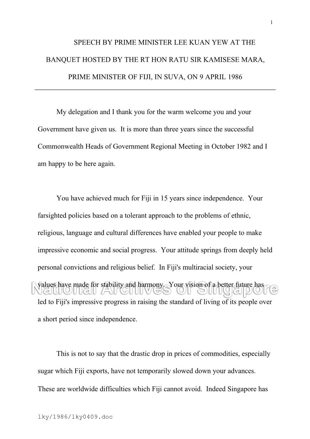 Speech by Prime Minister Lee Kuan Yew at the Banquet Hosted by the Rt Hon Ratu Sir Kamisese Mara, Prime Minister of Fiji, In