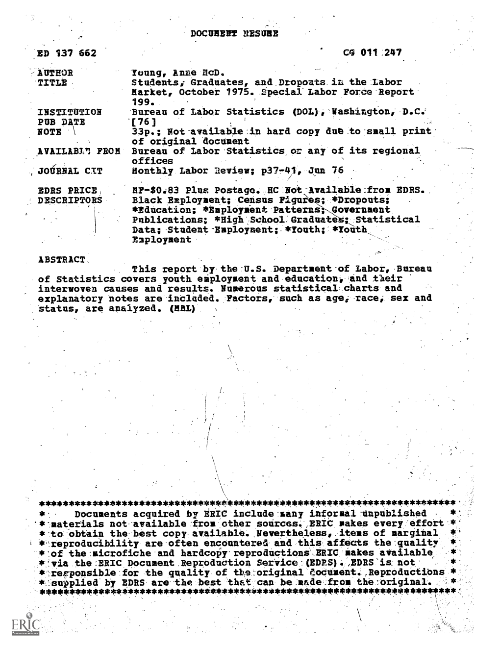 Students, Graduates, and Dropouts in the Labor Market, October 1975