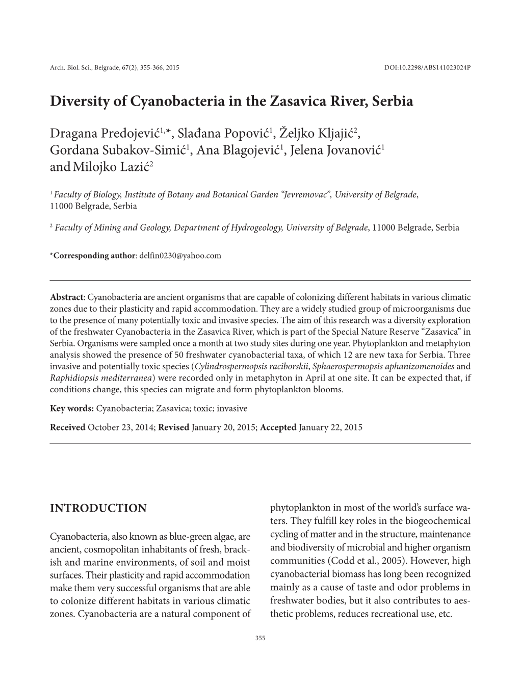 Diversity of Cyanobacteria in the Zasavica River, Serbia