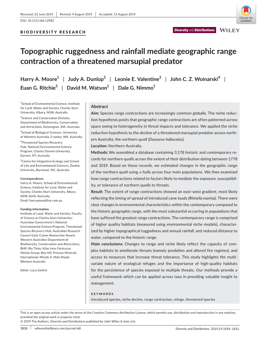 Topographic Ruggedness and Rainfall Mediate Geographic Range Contraction of a Threatened Marsupial Predator