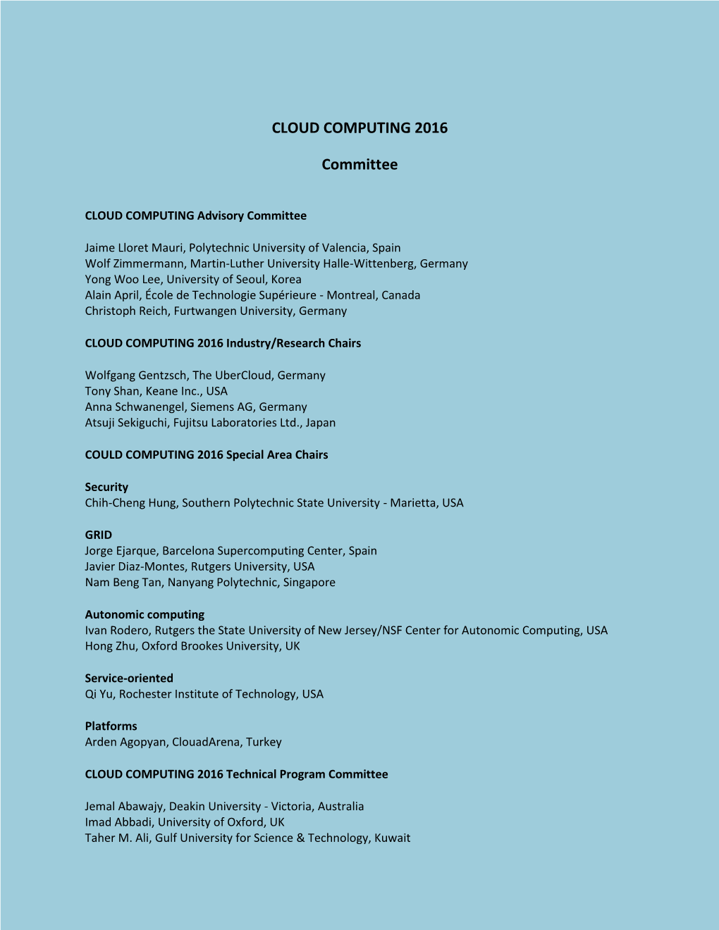 CLOUD COMPUTING 2016 Committee Page