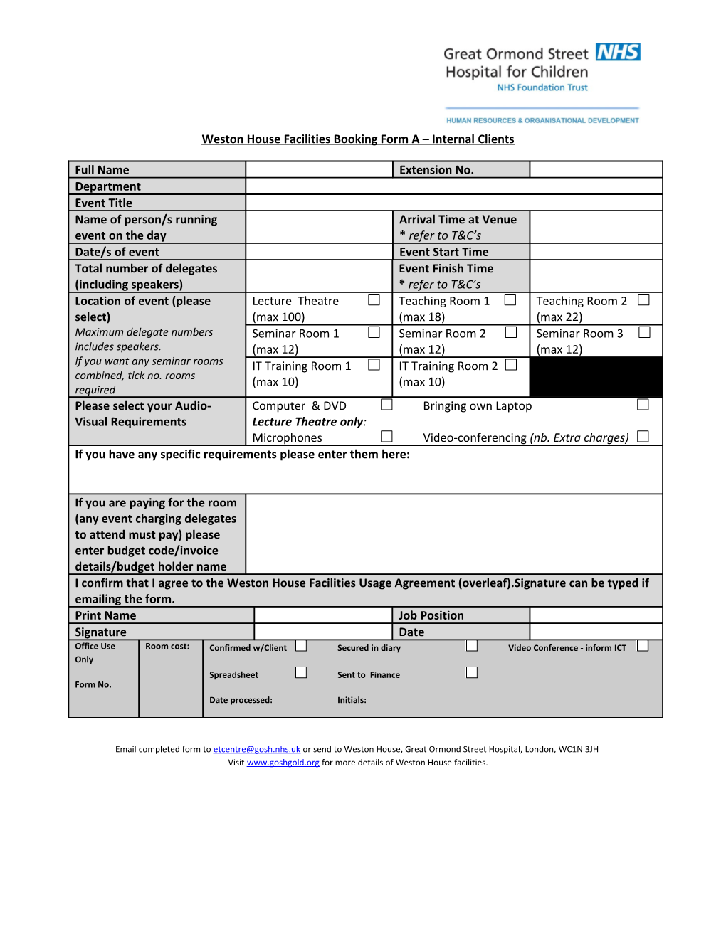 Weston House Booking Form 2011 External Clients