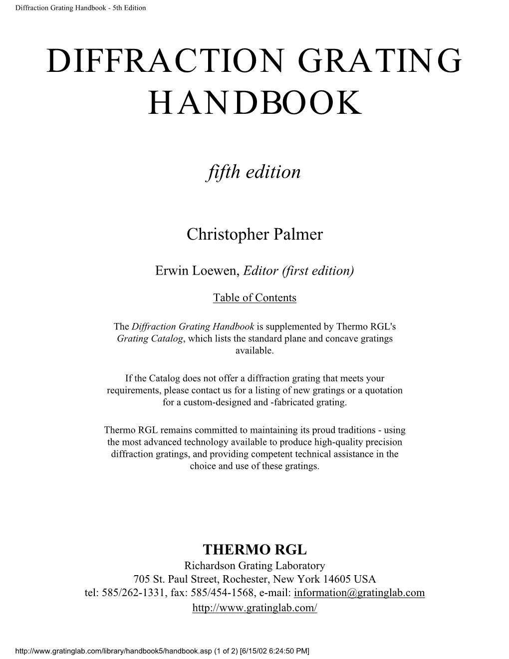 Diffraction Grating Handbook - 5Th Edition