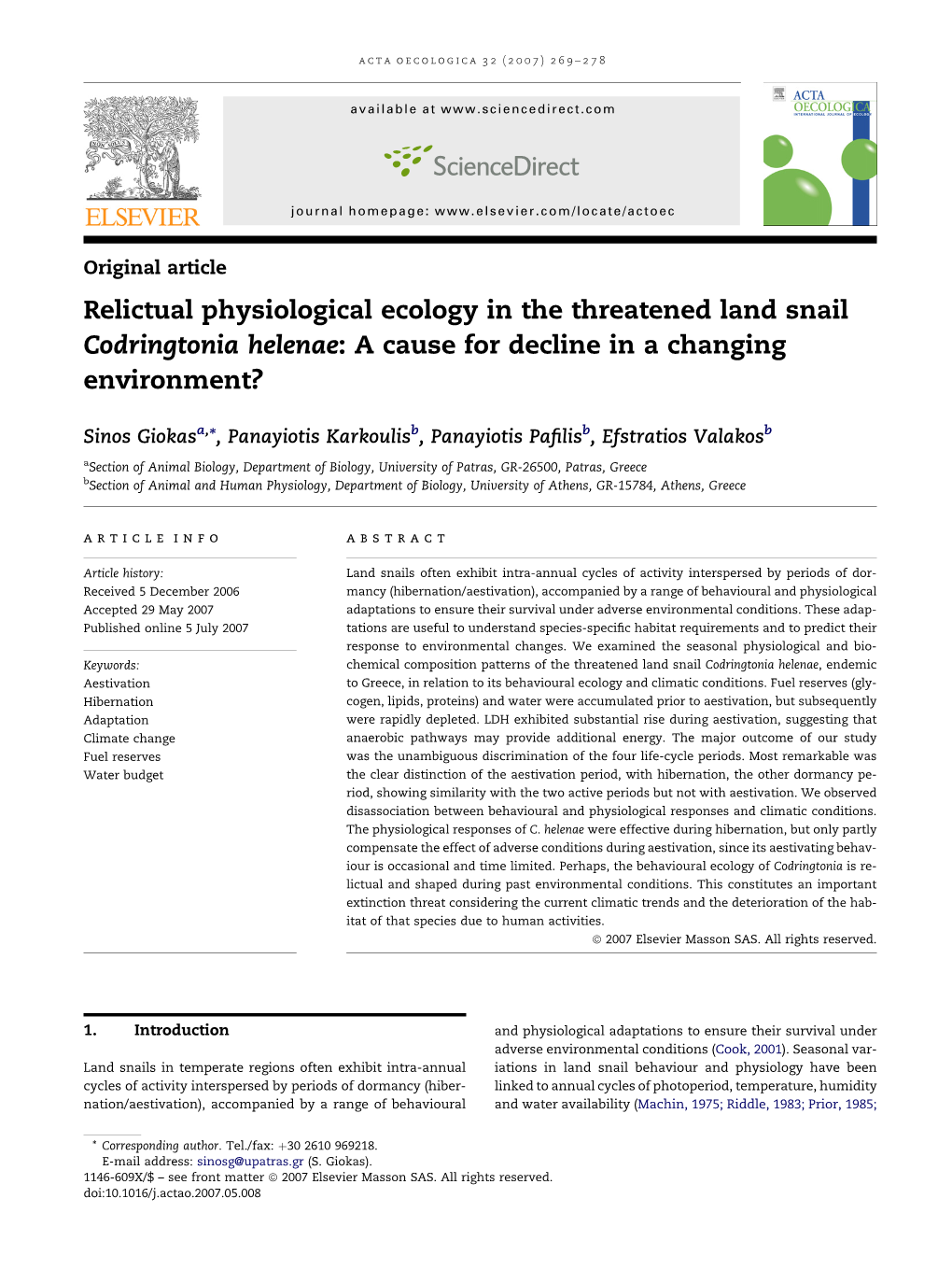 Relictual Physiological Ecology in the Threatened Land Snail Codringtonia Helenae: a Cause for Decline in a Changing Environment?