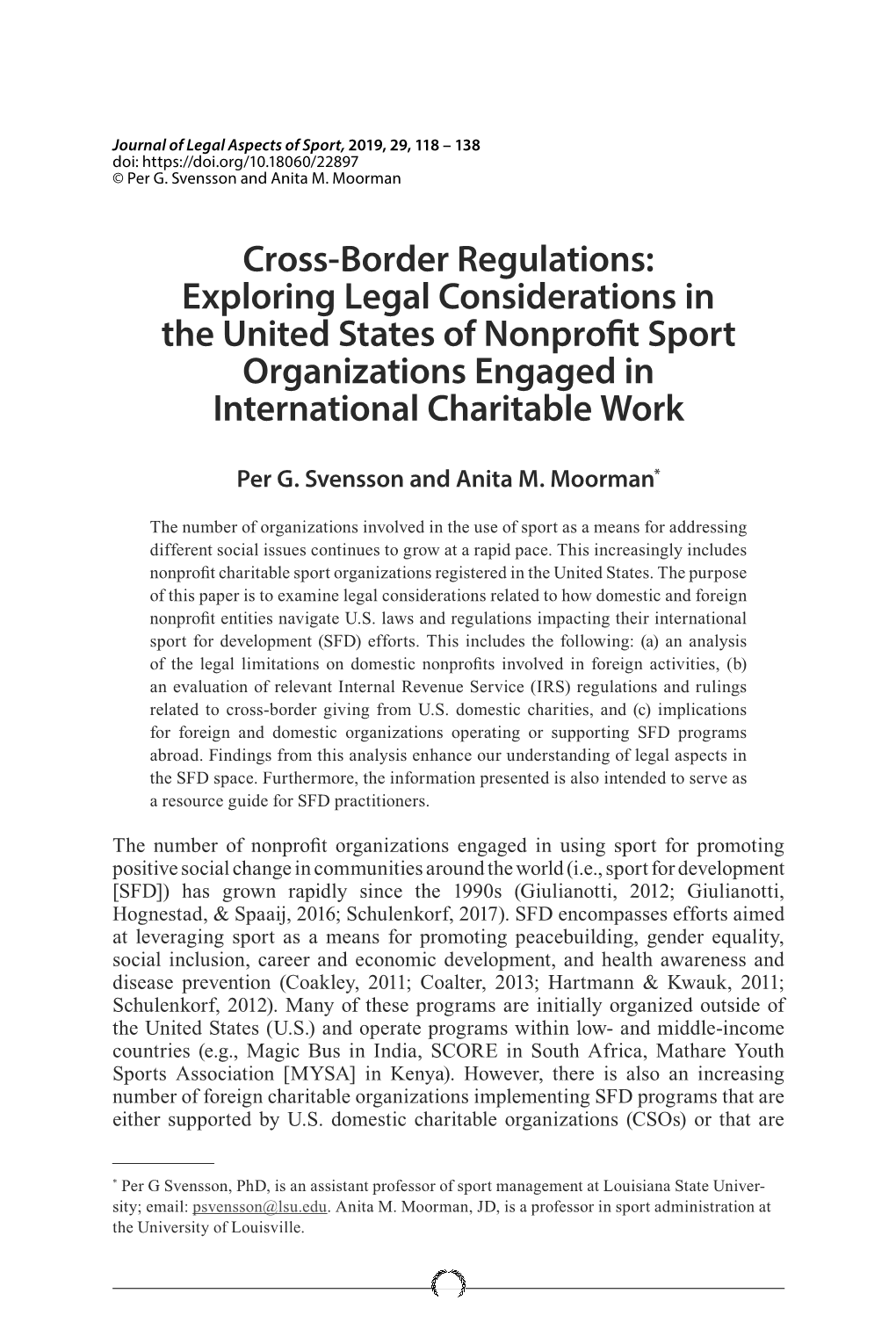 Cross-Border Regulations: Exploring Legal Considerations in the United States of Nonprofit Sport Organizations Engaged in International Charitable Work