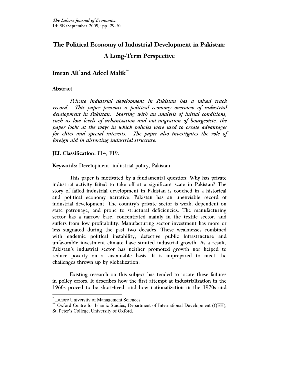 The Political Economy of Industrial Development in Pakistan: a Long-Term Perspective