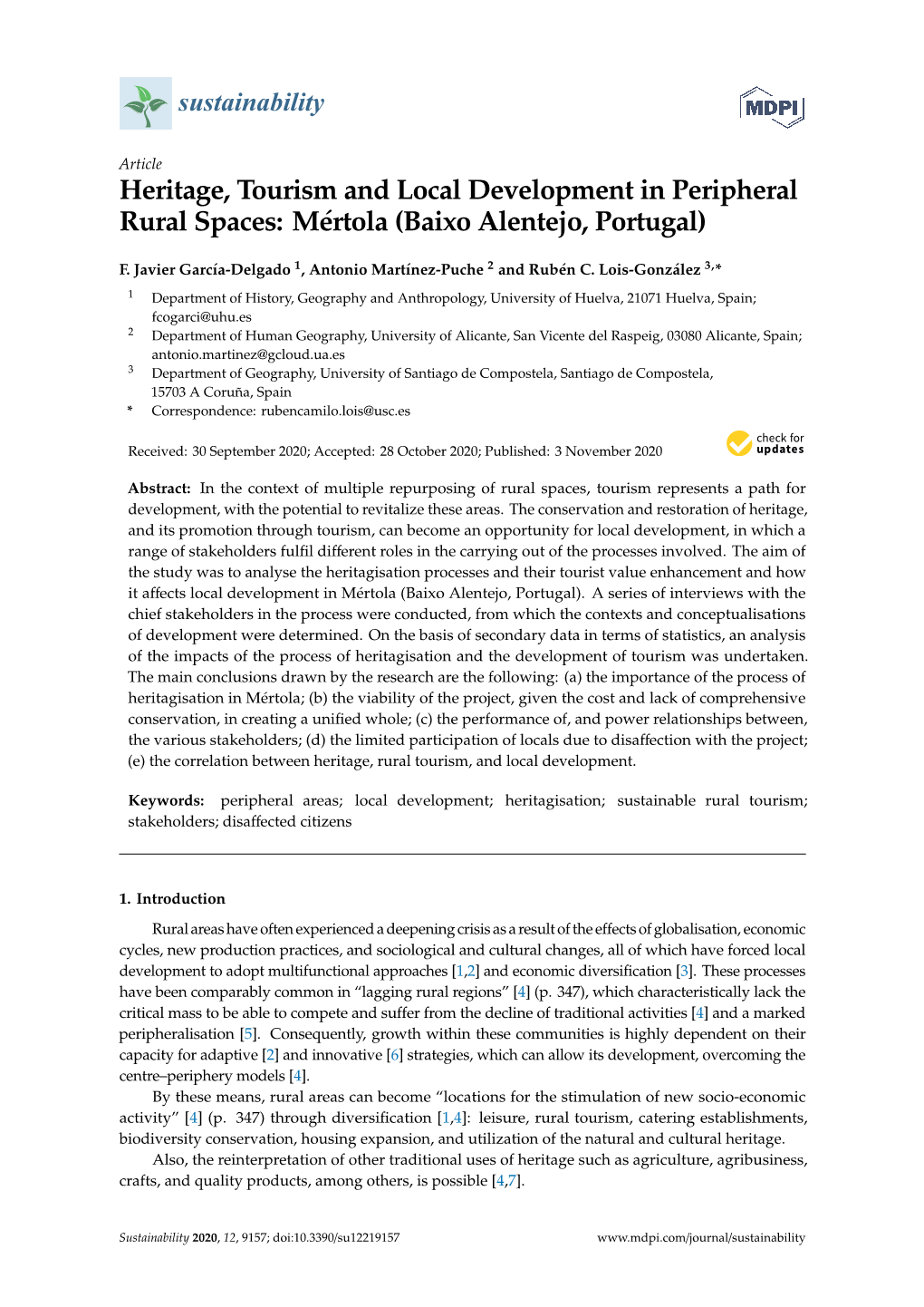 Heritage, Tourism and Local Development in Peripheral Rural Spaces: Mértola (Baixo Alentejo, Portugal)