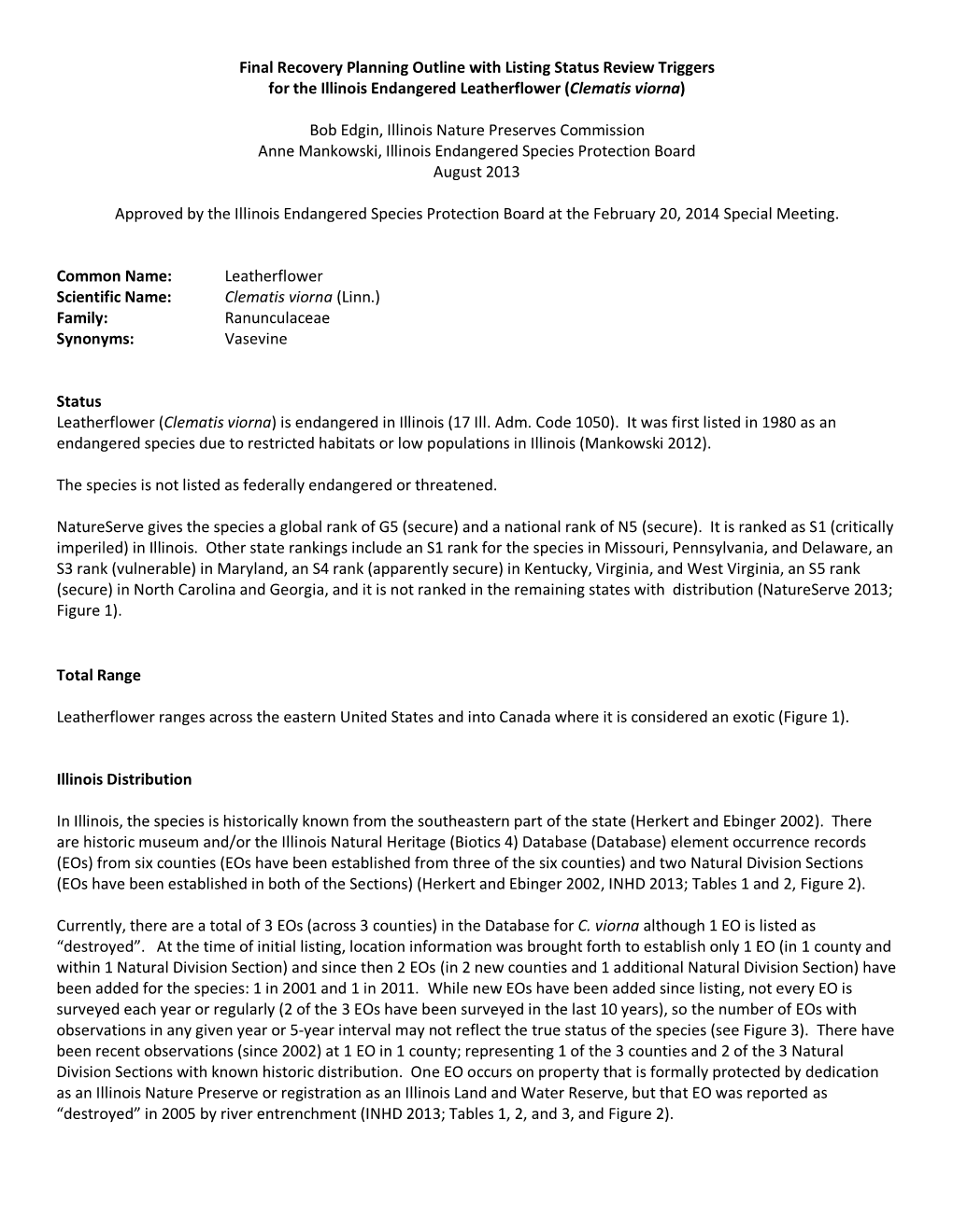 Final Recovery Planning Outline with Listing Status Review Triggers for the Illinois Endangered Leatherflower (Clematis Viorna)