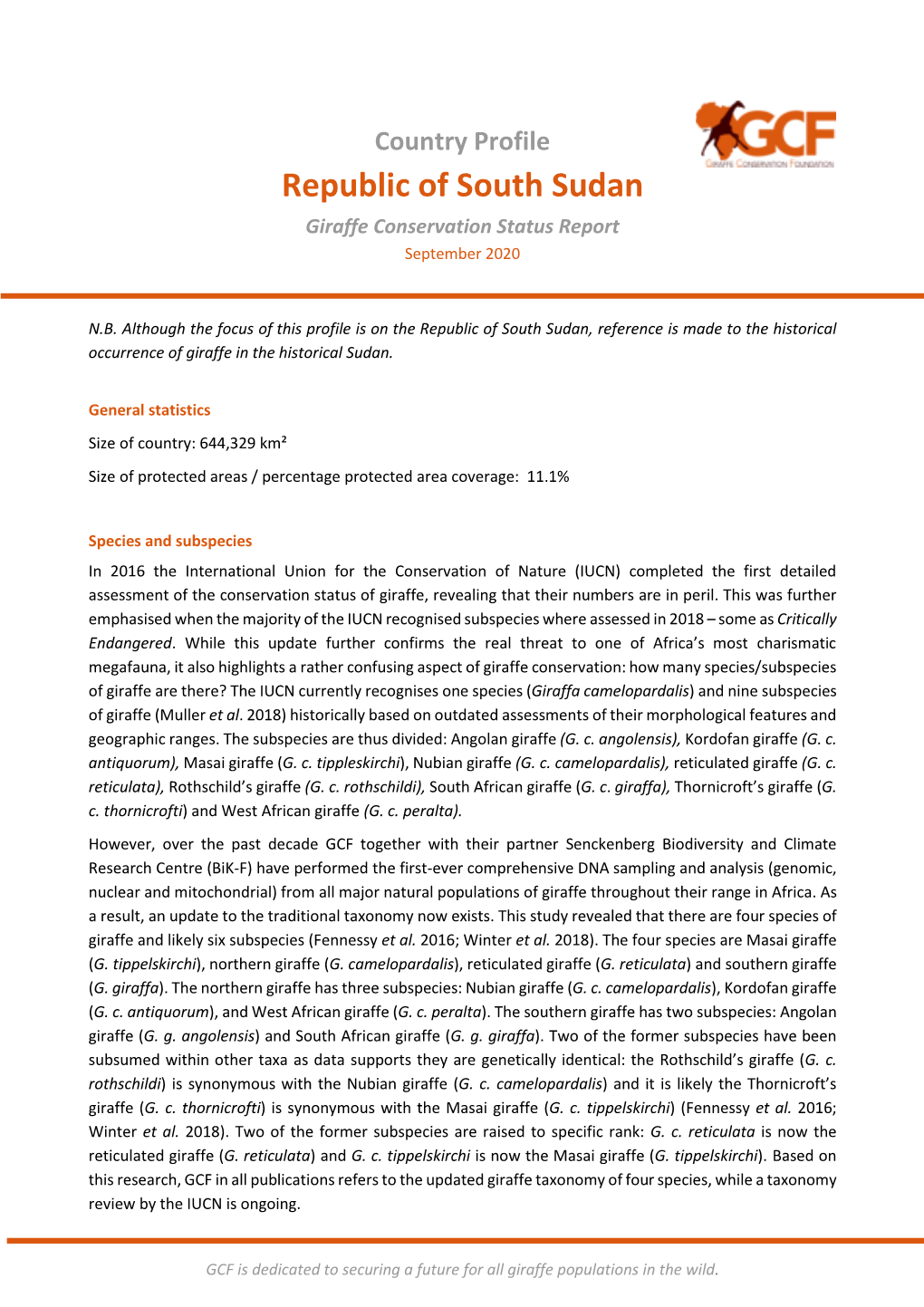 South Sudan Giraffe Conservation Status Report September 2020