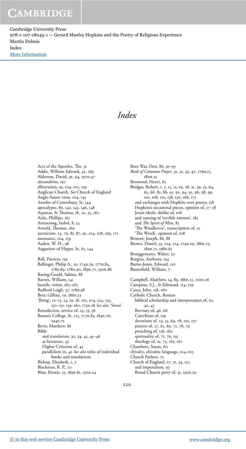 Cambridge University Press 978-1-107-18045-1 — Gerard Manley Hopkins and the Poetry of Religious Experience Martin Dubois Index More Information