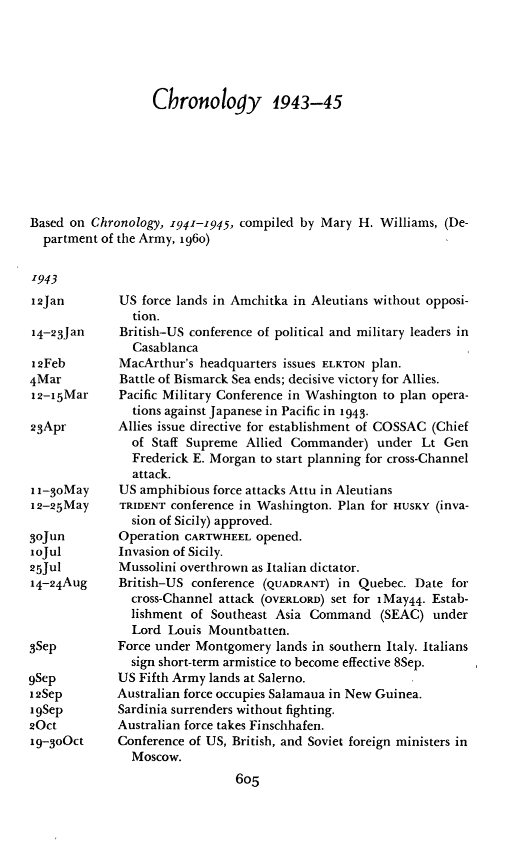 Based on Chronology, 1941-1945, Compiled by Mary H. Williams, (De- Partment of the Army, 1960)