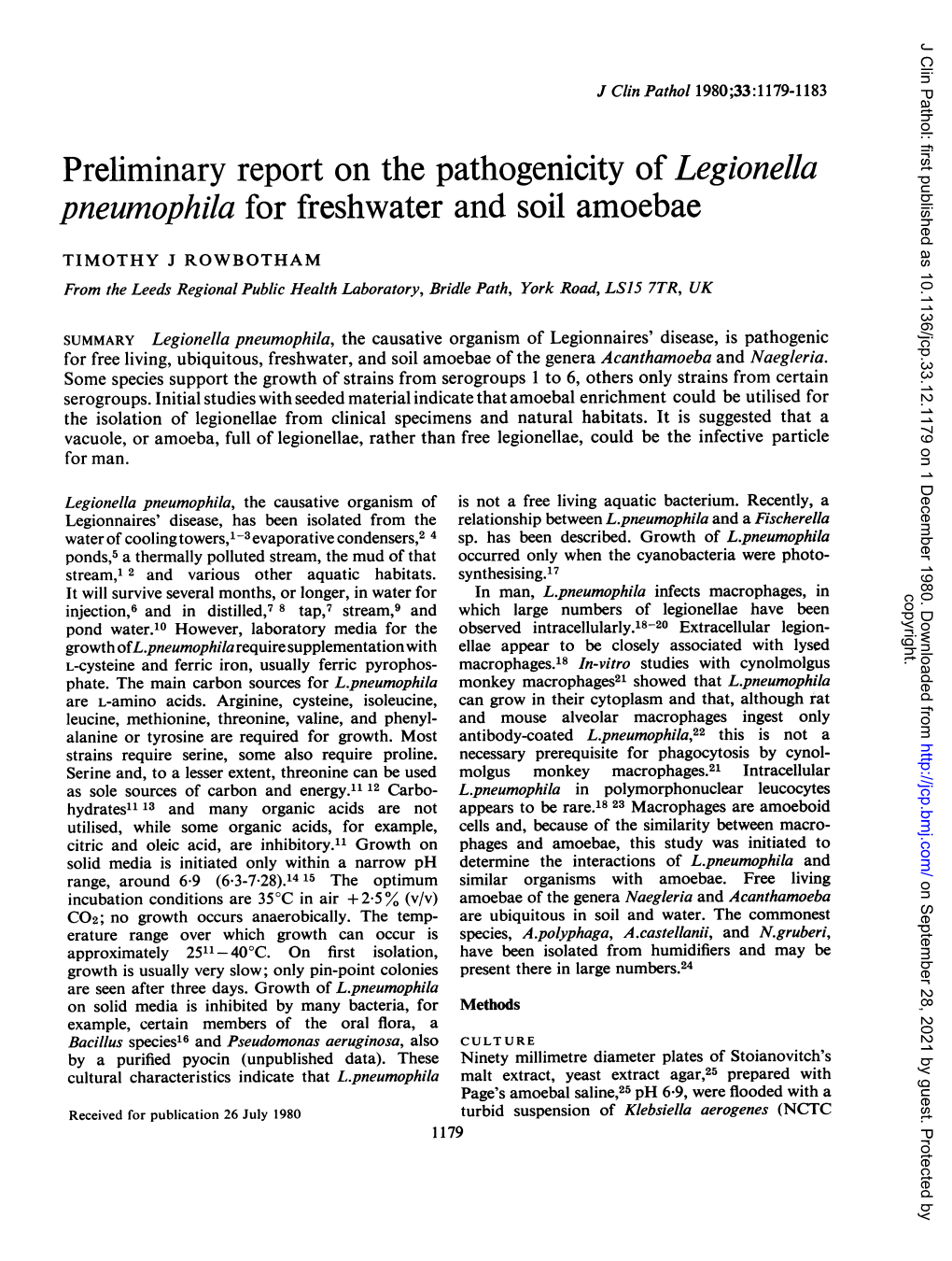 Preliminary Report on the Pathogenicity of Legionella Pneumophila for Freshwater and Soil Amoebae