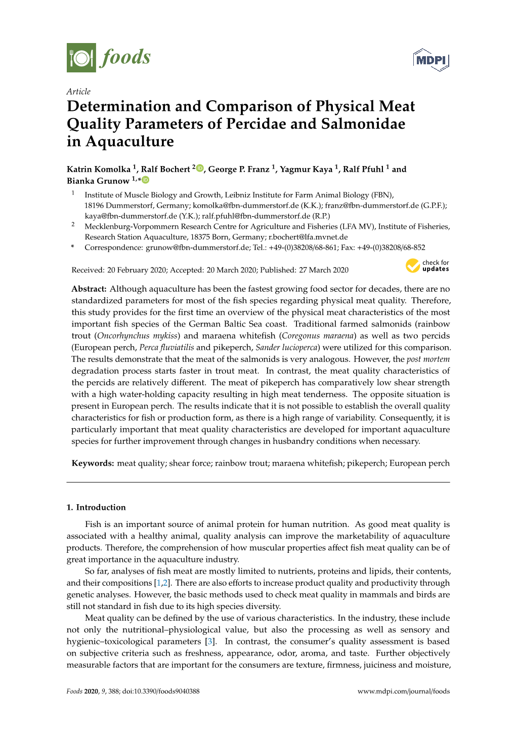 Determination and Comparison of Physical Meat Quality Parameters of Percidae and Salmonidae in Aquaculture