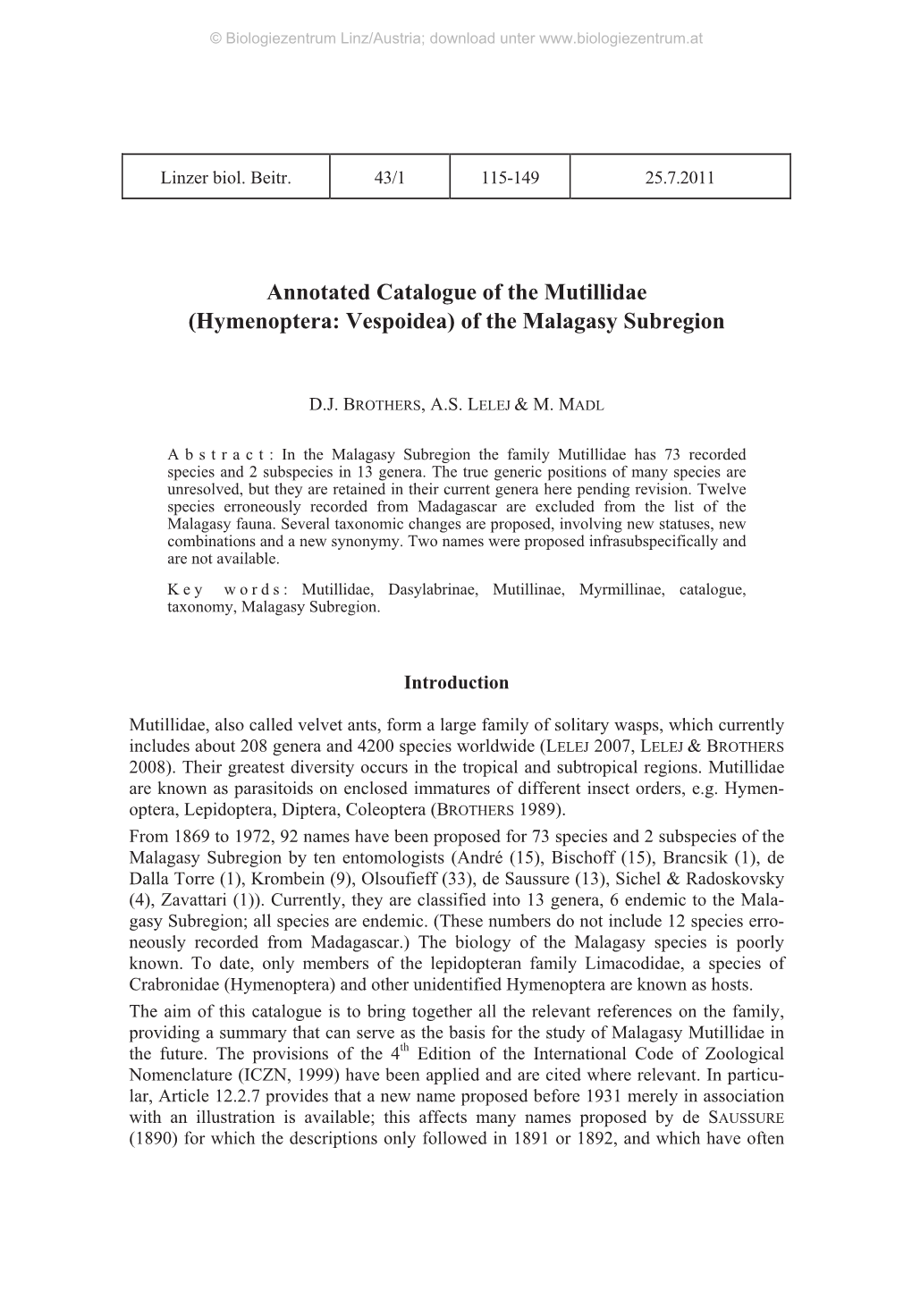 Annotated Catalogue of the Mutillidae (Hymenoptera: Vespoidea) of the Malagasy Subregion