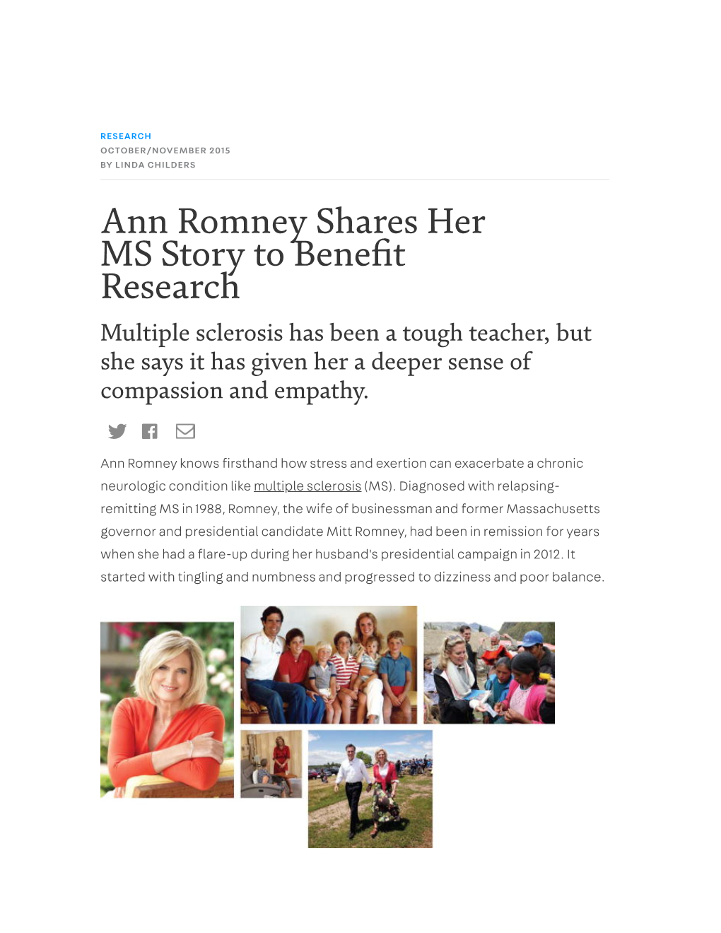 Ann Romney Shares Her MS Story to Benefit Research