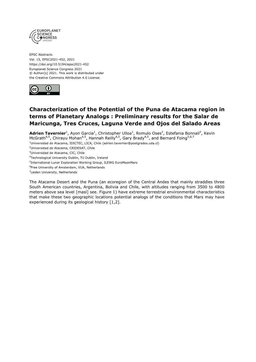 Characterization of the Potential of the Puna De Atacama Region in Terms