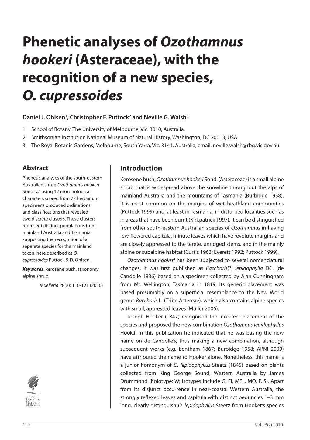 Phenetic Analyses of Ozothamnus Hookeri (Asteraceae), with the Recognition of a New Species, O