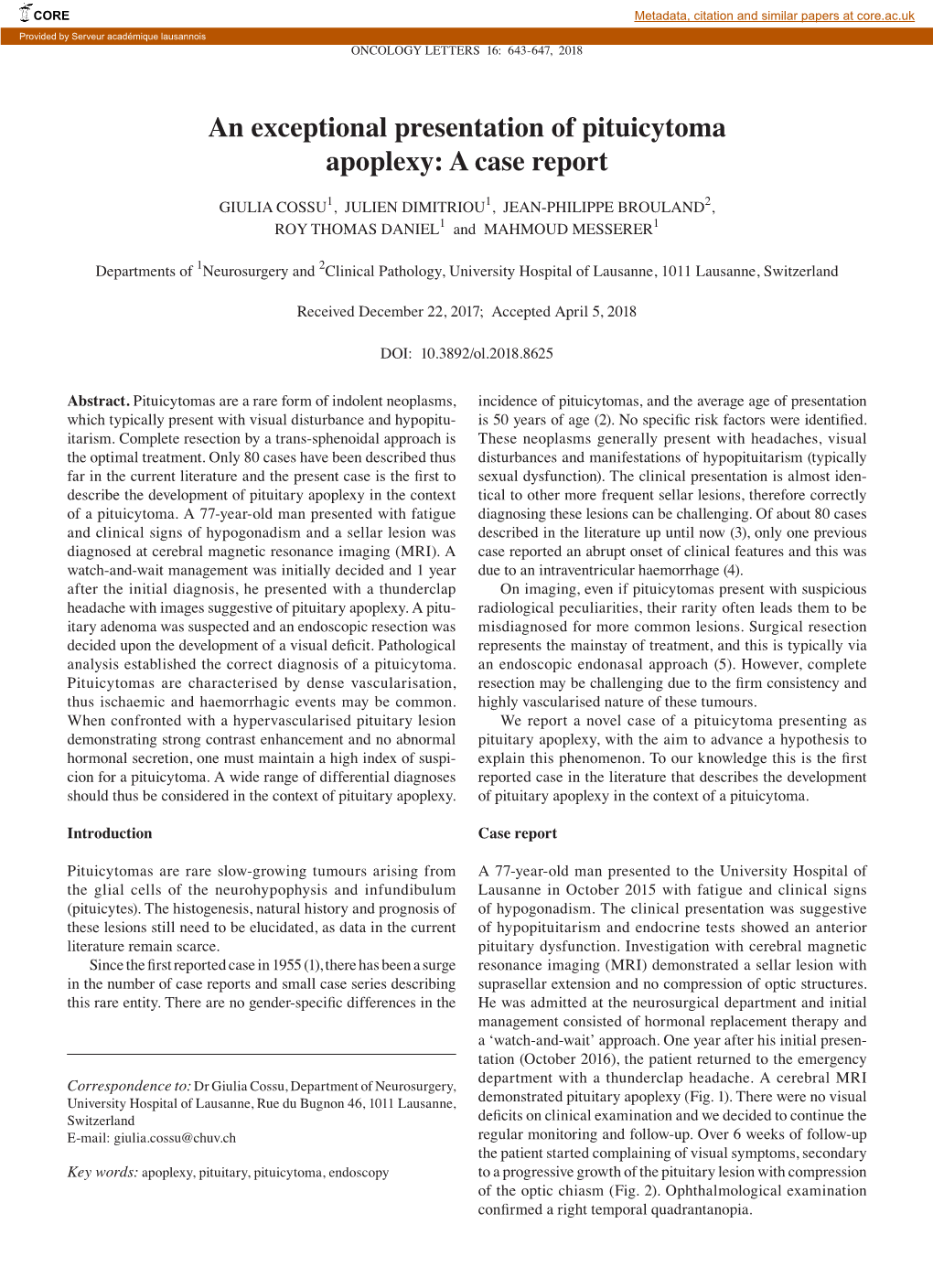 An Exceptional Presentation of Pituicytoma Apoplexy: a Case Report