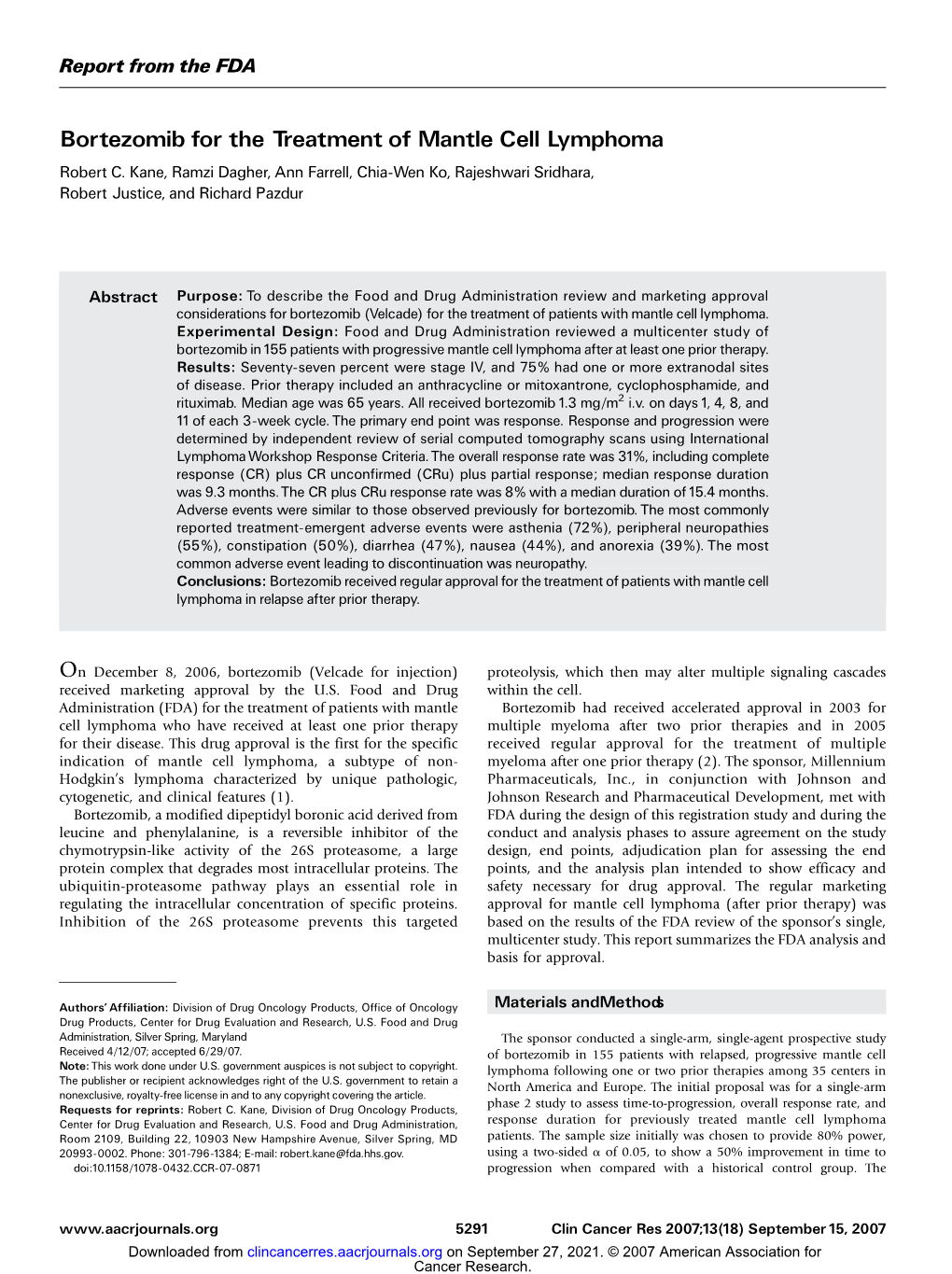 Bortezomib for the Treatment of Mantle Cell Lymphoma Robert C