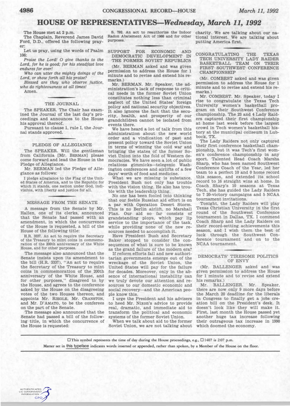 HOUSE of REPRESENTATIVES-Wednesday, March 11, 1992 the House Met at 2 P.M