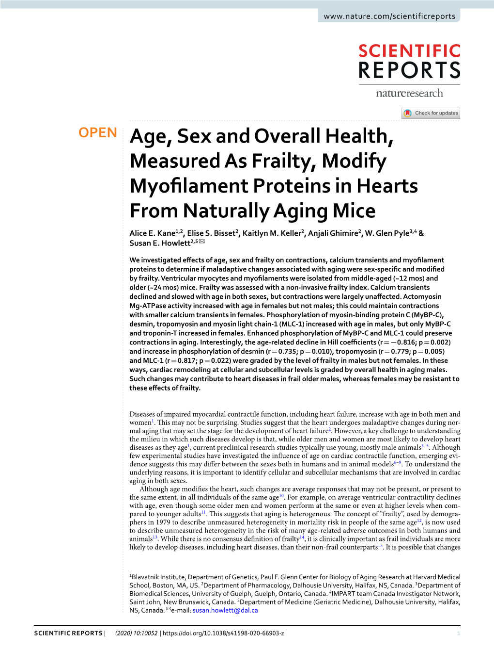 Age, Sex and Overall Health, Measured As Frailty, Modify Myofilament Proteins in Hearts from Naturally Aging Mice