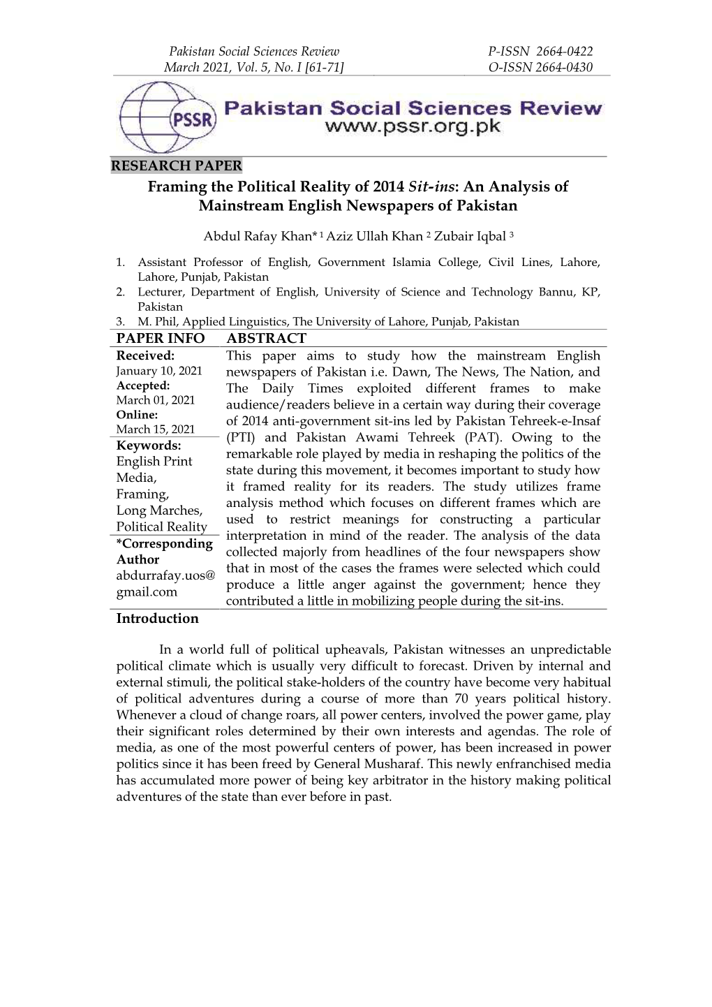 Framing the Political Reality of 2014 Sit-Ins: an Analysis of Mainstream English Newspapers of Pakistan