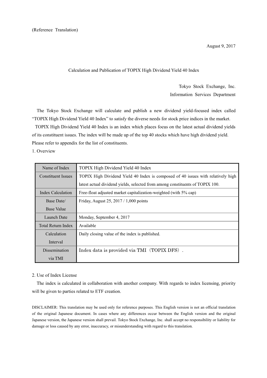 August 9, 2017 Calculation and Publication of TOPIX High Dividend