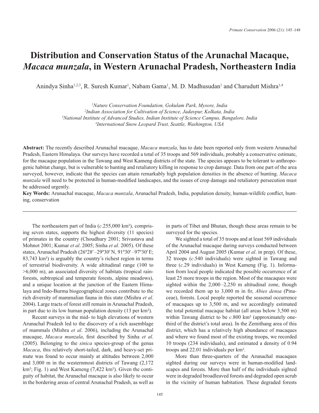 Distribution and Conservation Status of the Arunachal Macaque, Macaca Munzala, in Western Arunachal Pradesh, Northeastern India