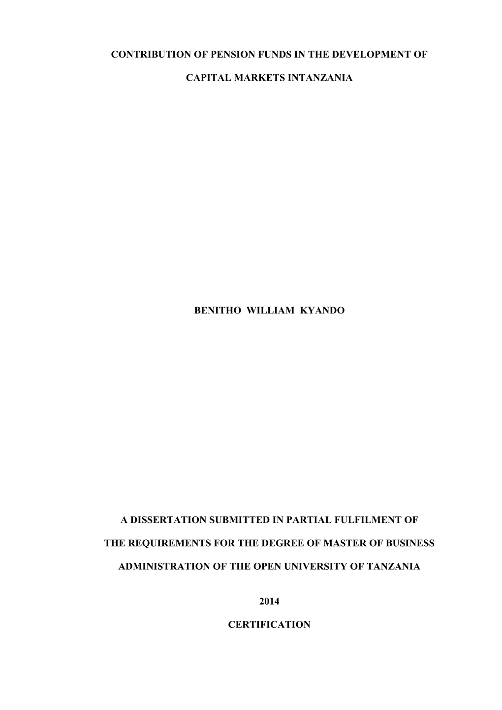 Contribution of Pension Funds in the Development of Capital Markets Intanzania