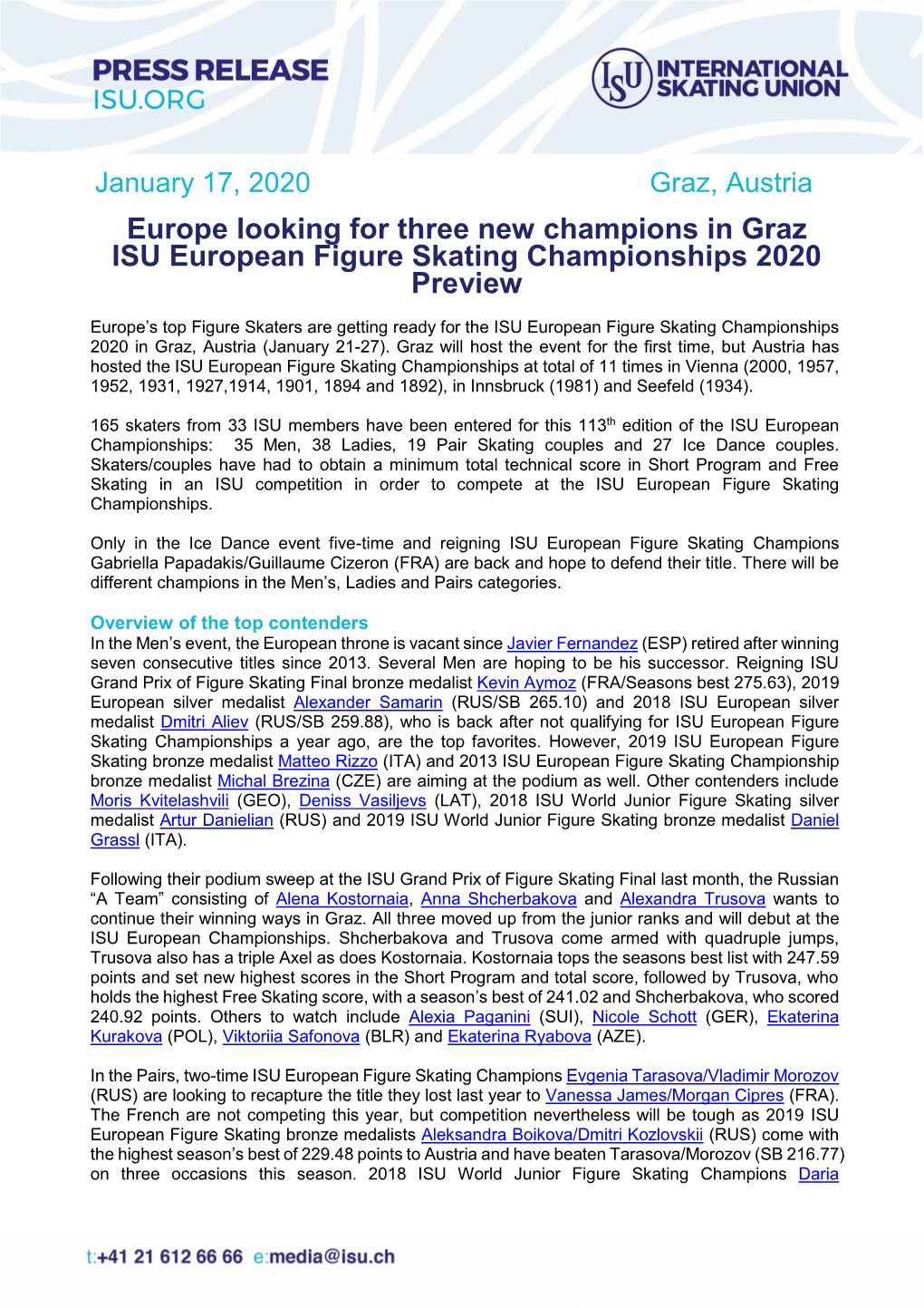 Europe Looking for Three New Champions in Graz ISU European Figure Skating Championships 2020 Preview