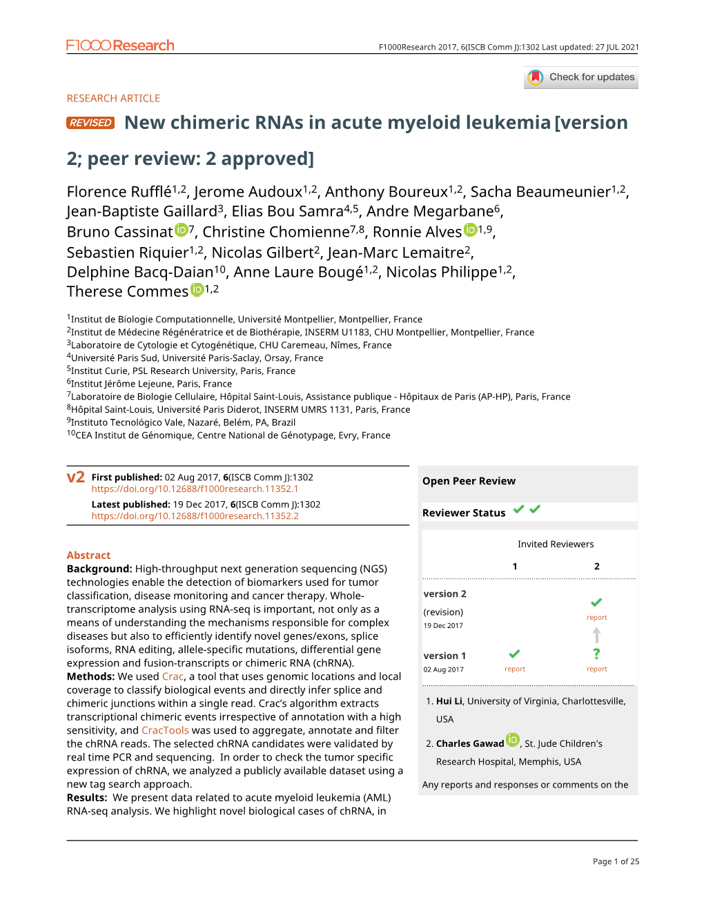 New Chimeric Rnas in Acute Myeloid Leukemia[Version 2; Peer Review: 2 Approved]