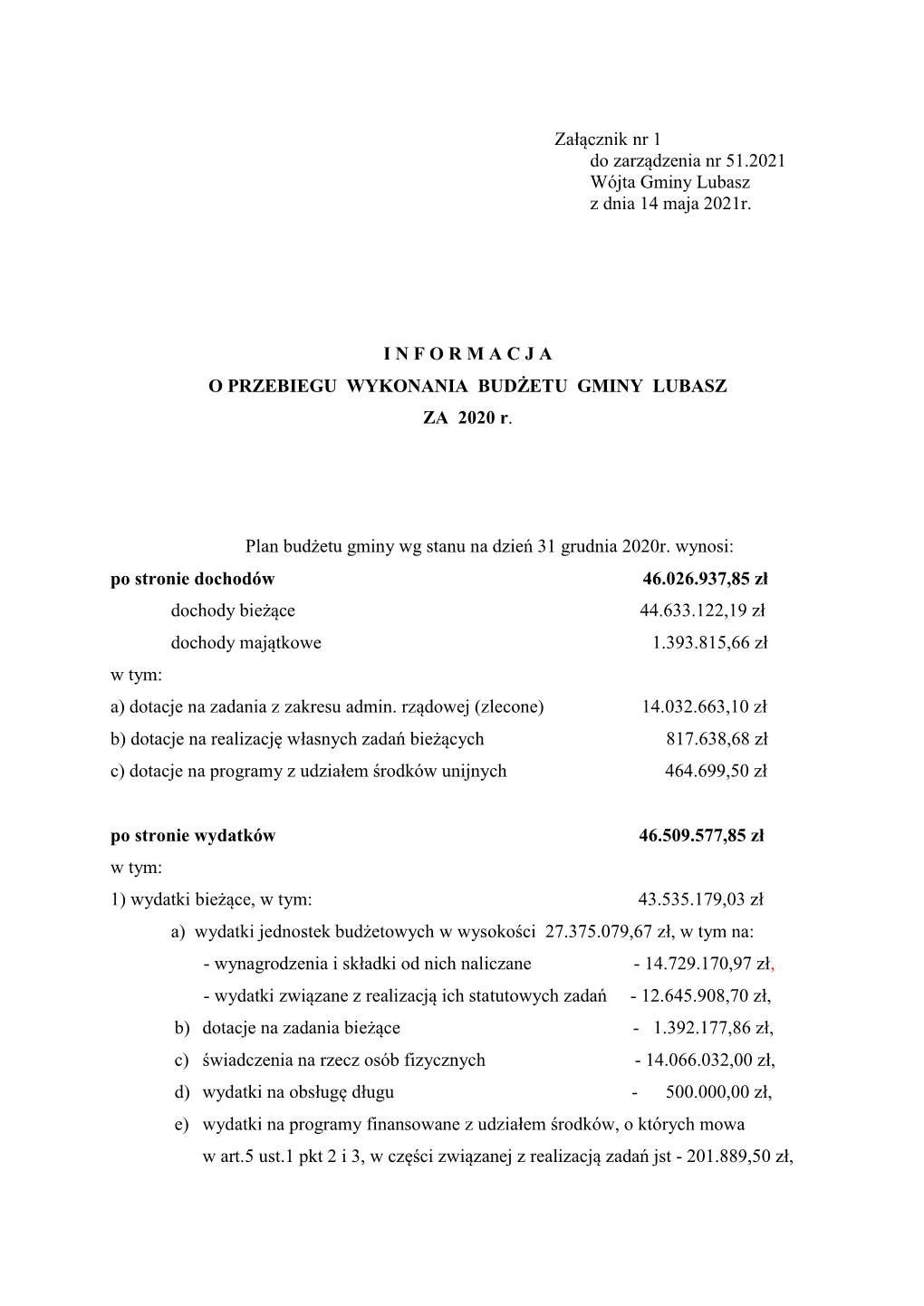 Załącznik Nr 1 Do Zarządzenia Nr 51.2021 Wójta Gminy Lubasz Z Dnia 14 Maja 2021R