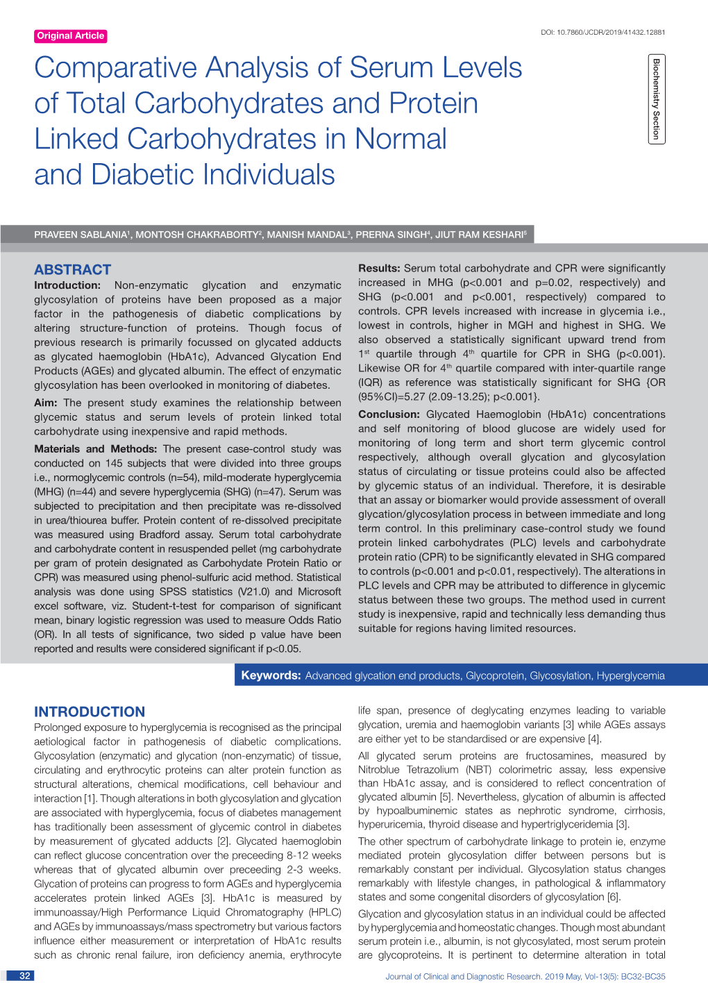 Comparative Analysis of Serum Levels of Total Carbohydrates and Protein Linked Carbohydrates in Normal and Diabetic Individuals